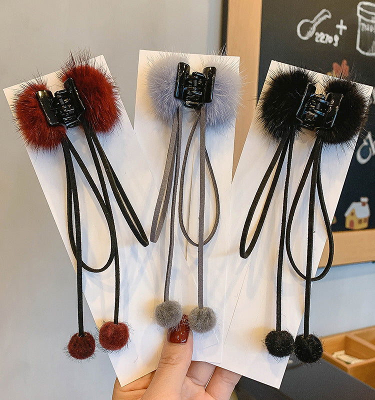 HX-788抓夾毛絨蝴蝶結髮夾女秋冬季網紅毛絨絨貂毛球吊墜髮飾鯊魚夾ycclamping