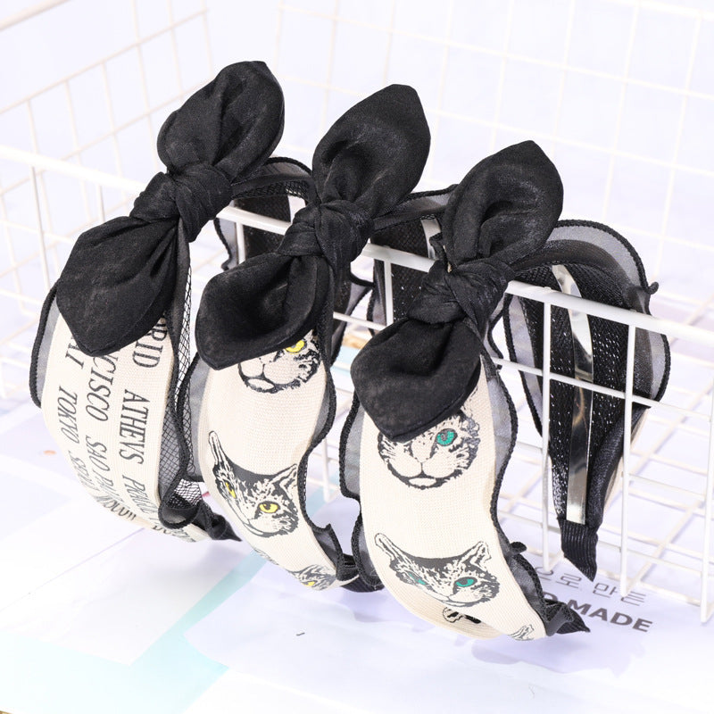 B967韓版手工布藝復古風貓字母中間打結髮箍 小耳朵蕾絲拼接頭箍Ribbon