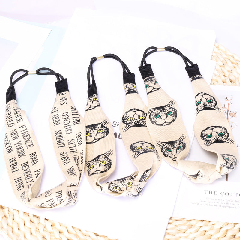 B967韓版手工布藝復古風貓字母中間打結髮箍 小耳朵蕾絲拼接頭箍Ribbon