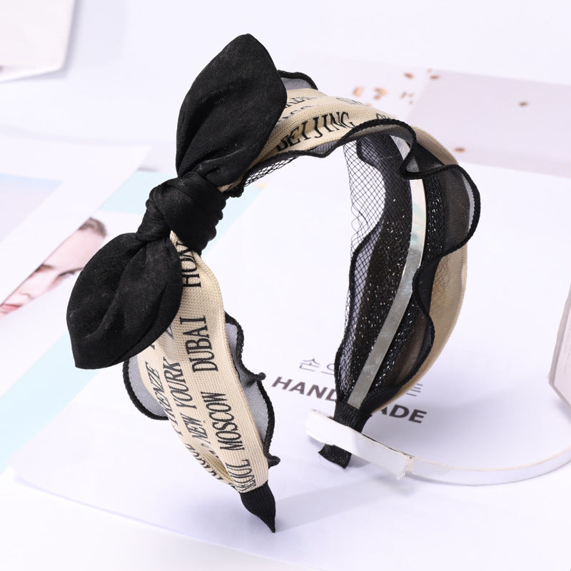 B967韓版手工布藝復古風貓字母中間打結髮箍 小耳朵蕾絲拼接頭箍Ribbon