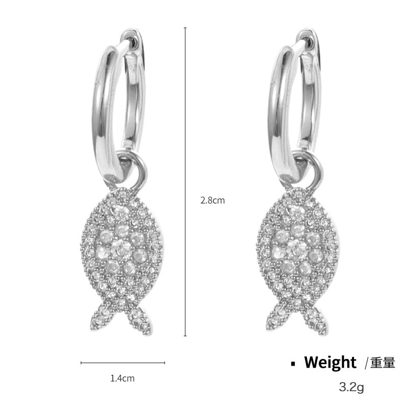 NCE00857-1S925銀針銅鍍真金鑲鋯可愛卡通小魚耳釘女 日韓百搭圈圈耳環kj202104
