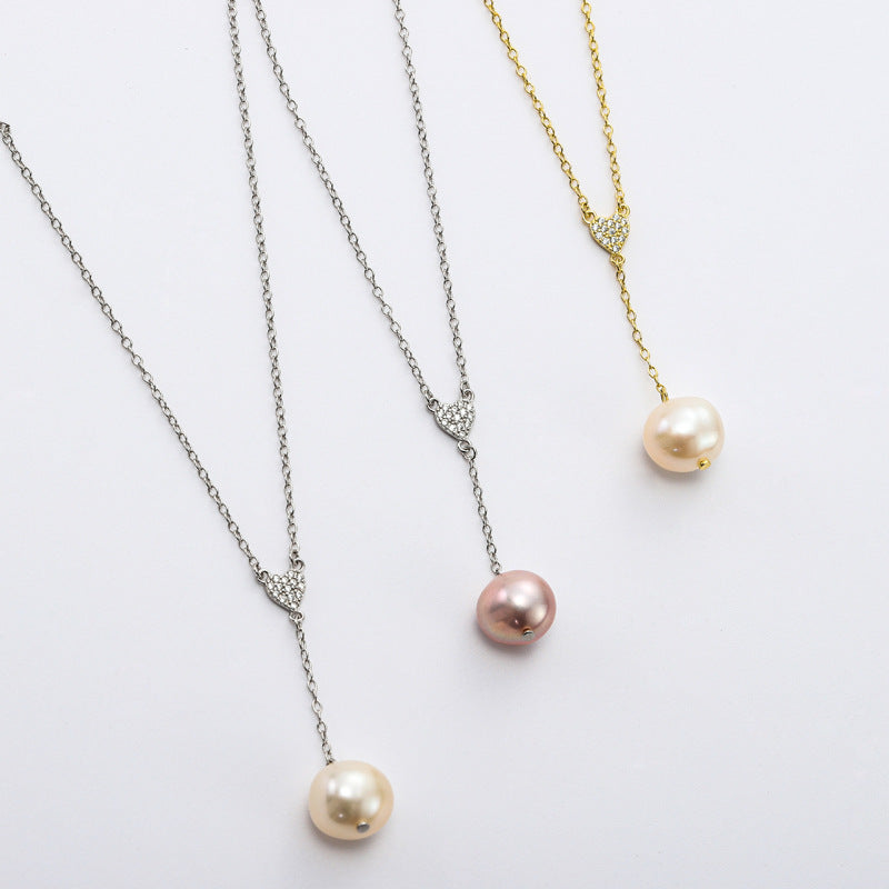NSN00297飾品 s925純銀鑲鋯日常百搭鎖骨鏈女淡水珍珠愛心Y字型項鏈kjpearl
