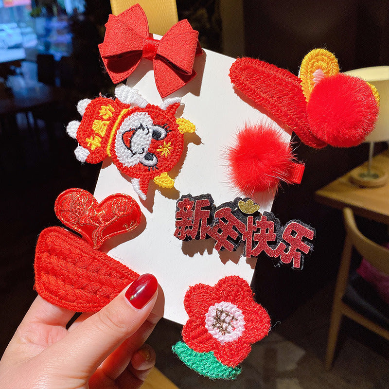 HX-838兒童新年髮夾不傷發女童過年發卡紅色頭飾中國風唐裝寶寶髮飾套裝HX20211003