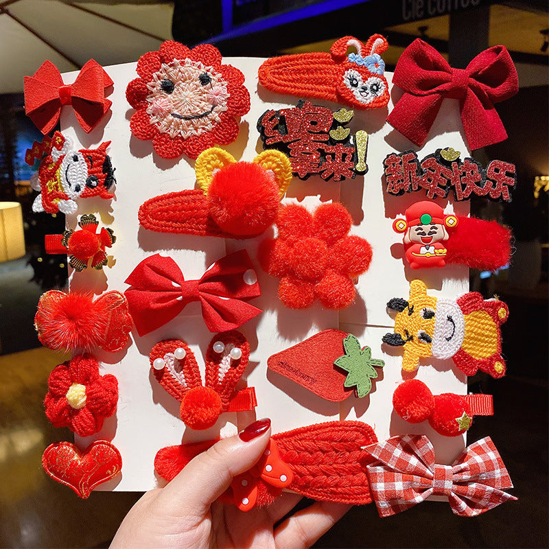 HX-838兒童新年髮夾不傷發女童過年發卡紅色頭飾中國風唐裝寶寶髮飾套裝HX20211003