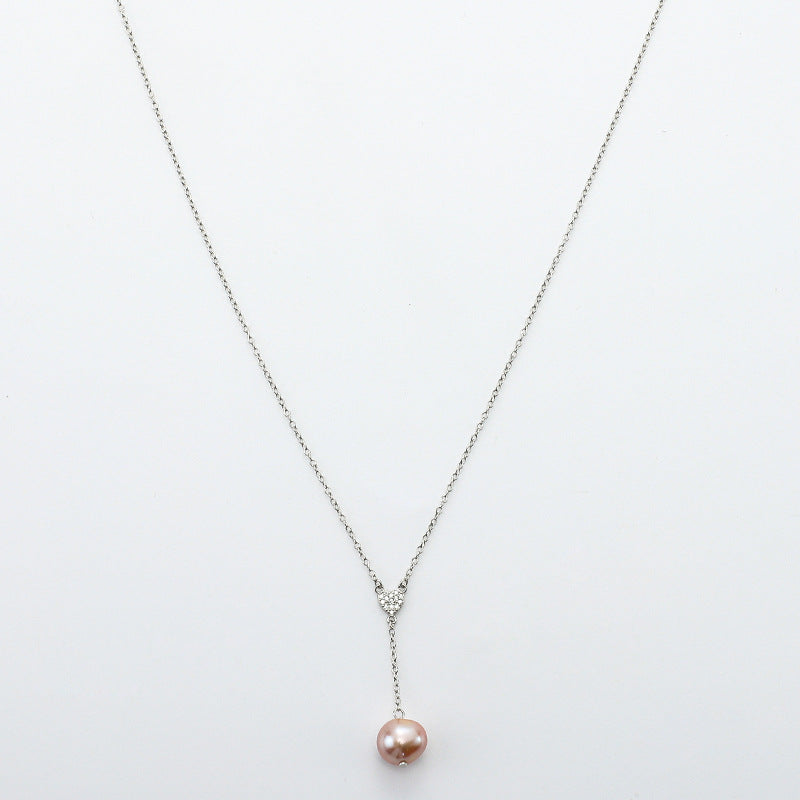 NSN00297飾品 s925純銀鑲鋯日常百搭鎖骨鏈女淡水珍珠愛心Y字型項鏈kjpearl