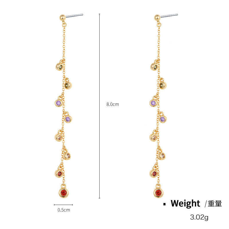 NCE01096銅鍍真金鑲鋯長款流蘇耳線女 日韓簡約顯瘦百搭滿鋯混色耳環kj202106