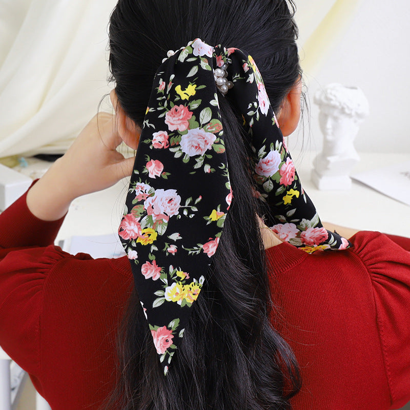 E135跨境新品发圈批发印花布艺长飘带头饰发箍甜美少女珍珠头绳hr202104