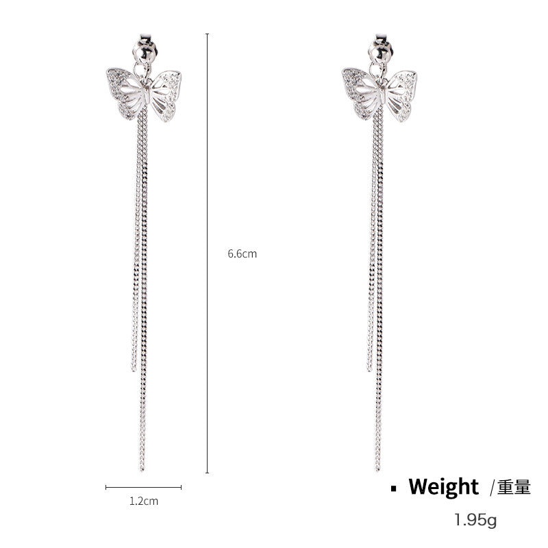 NSE00125純銀鑲鋯長款流蘇EG耳環女式韓版簡約氣質花型蝴蝶雙戴耳線kj202105