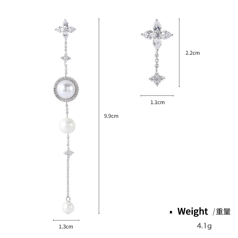 NCE01058925銀針金屬鍍金鑲鋯長款耳環女夏季氣質不對稱珍珠流蘇耳飾kj202105