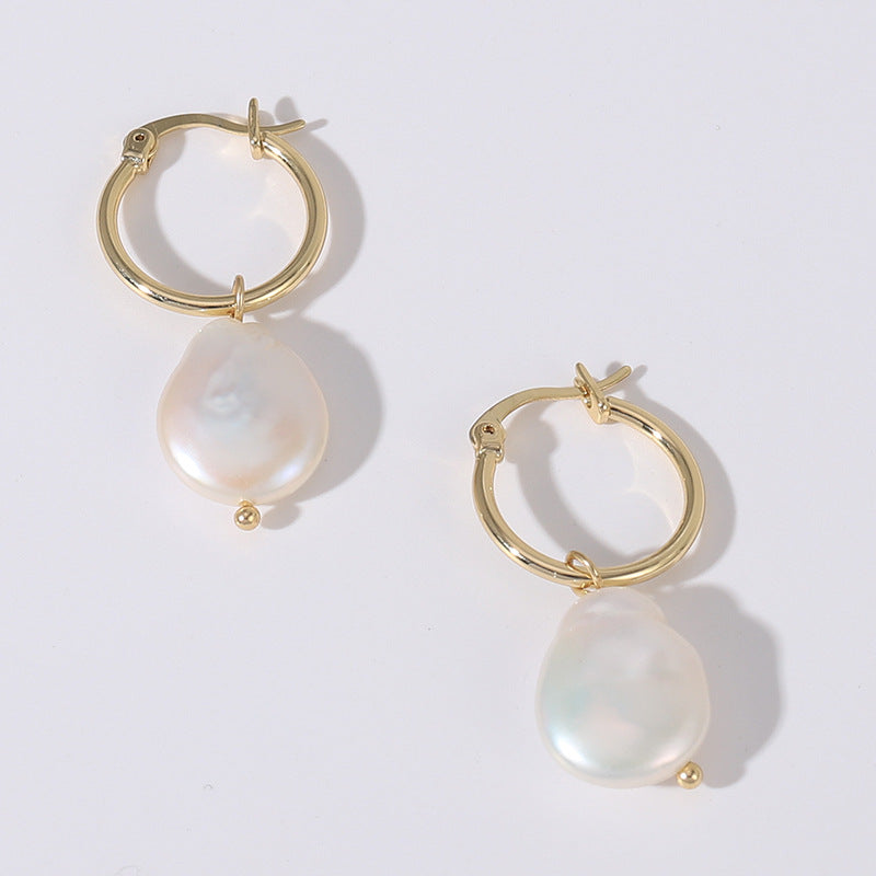 NCE01223飾品 歐美跨境時尚ins風金色巴洛克淡水珍珠耳墜HOOP耳環女kjpearl