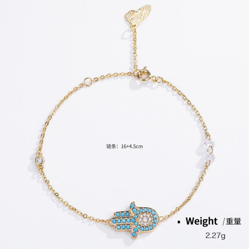 NCB00265銅鍍真金鑲嵌藍松石精致手掌手鏈女日韓百搭簡約個性復古手飾kj202106