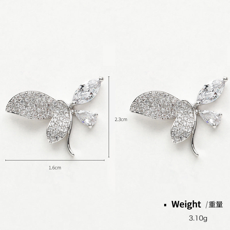 NCE00851銅鑲鋯精致耳釘女日韓簡約氣質蝴蝶造型百搭復古925銀針耳環kj202106