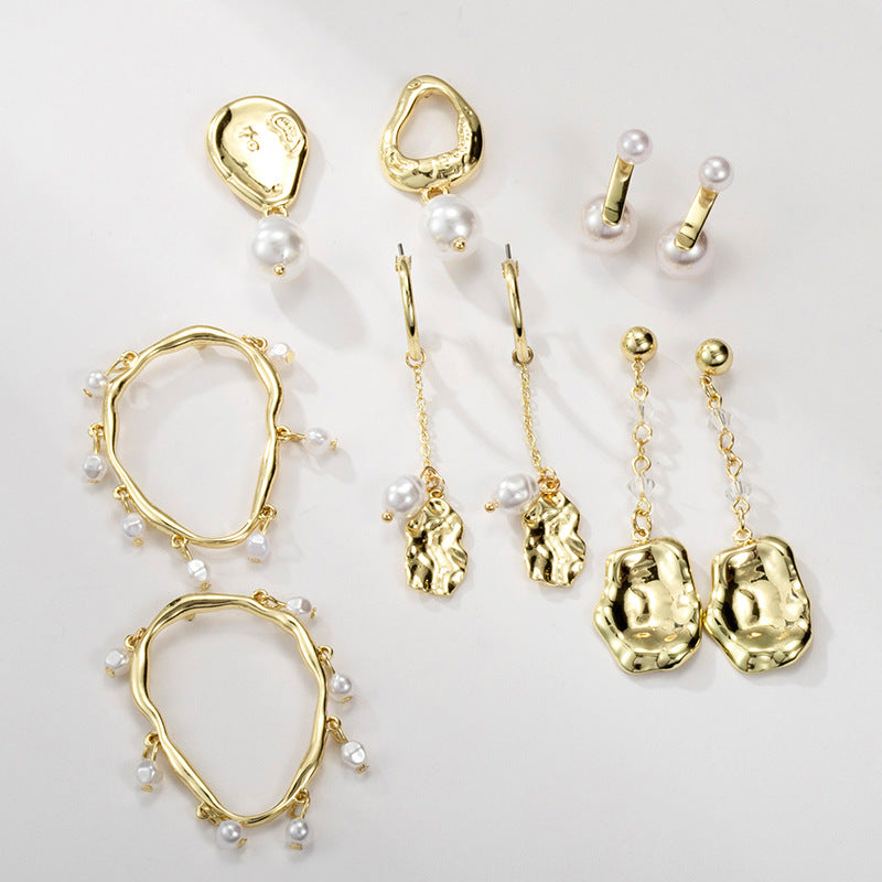 NXE03552925銀針金屬鍍金色歐美耳釘女ins風誇張珍珠耳墜跨境熱賣耳飾kj202104