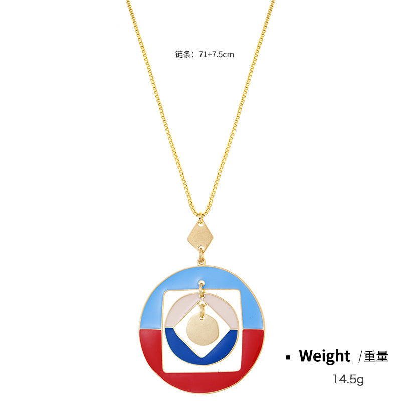 NCN01208原創設計景泰藍琺瑯滴油混色吊墜女歐美跨境幾何復古個性項鏈kj202107