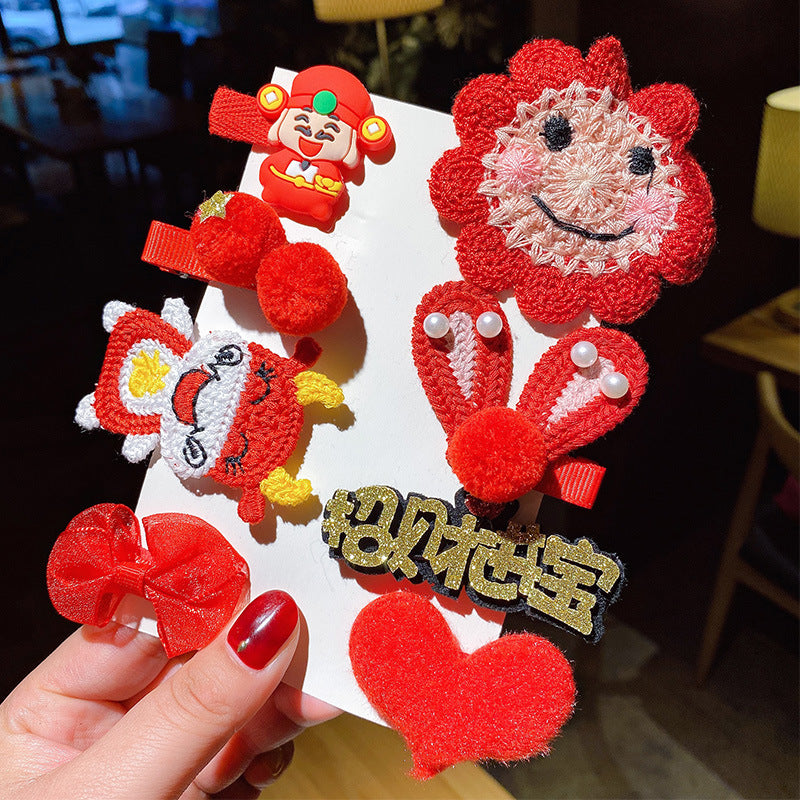 HX-838兒童新年髮夾不傷發女童過年發卡紅色頭飾中國風唐裝寶寶髮飾套裝HX20211003