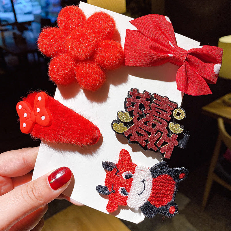 HX-838兒童新年髮夾不傷發女童過年發卡紅色頭飾中國風唐裝寶寶髮飾套裝HX20211003