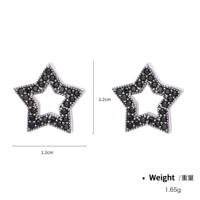 NSE00124日韓s925純銀鑲鋯星星鏤空造型耳環女 簡約氣質百搭黑色耳飾kj202105