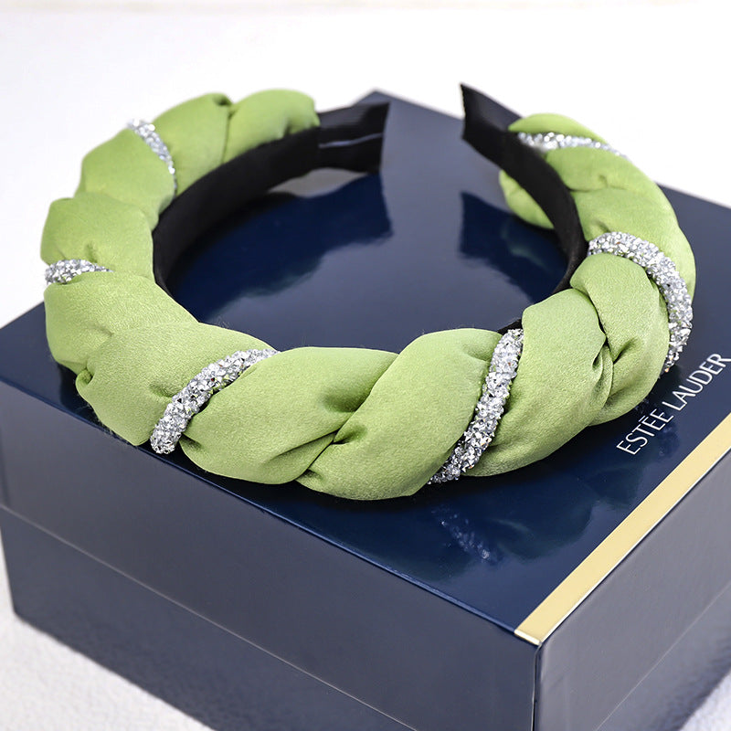 C713跨境歐美纏繞水鉆鏈條辮子海綿髮箍純色真絲緞面頭箍一件代發spr&sum