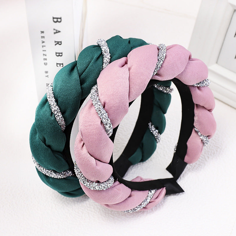 C713跨境歐美纏繞水鉆鏈條辮子海綿髮箍純色真絲緞面頭箍一件代發spr&sum