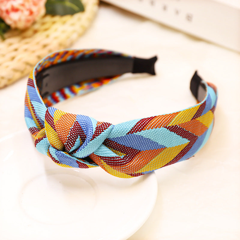 C904新款雙色織帶拼接頭箍一件代發時尚打結中間結寬邊髮箍女Ribbon