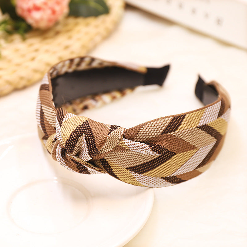C904新款雙色織帶拼接頭箍一件代發時尚打結中間結寬邊髮箍女Ribbon