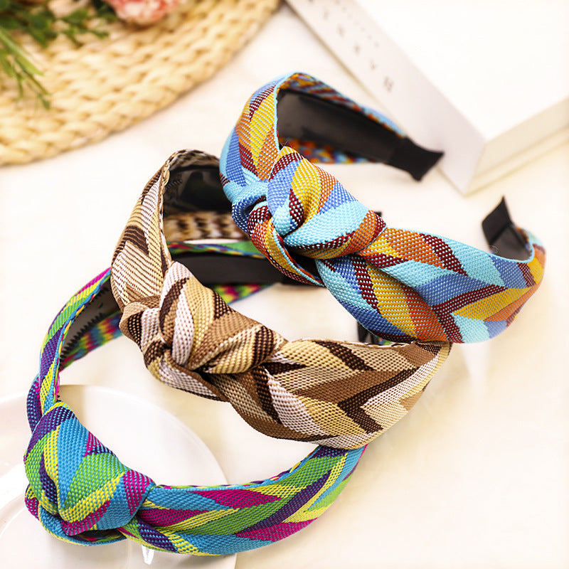C904新款雙色織帶拼接頭箍一件代發時尚打結中間結寬邊髮箍女Ribbon