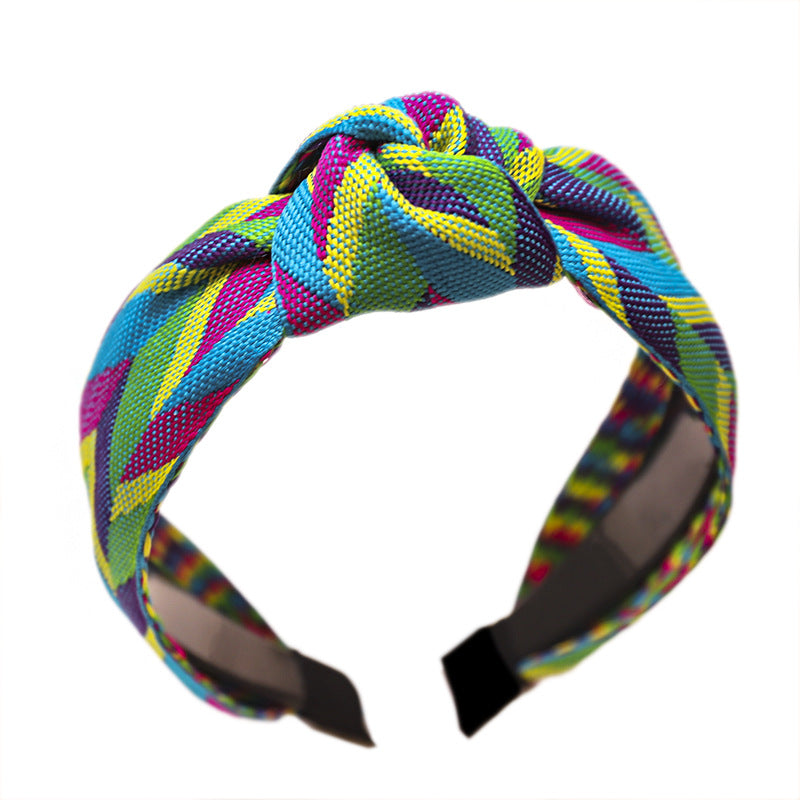C904新款雙色織帶拼接頭箍一件代發時尚打結中間結寬邊髮箍女Ribbon