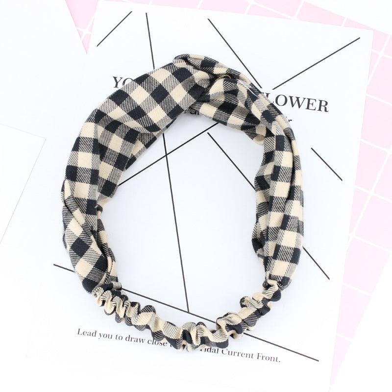 B262新品格子髮帶日韓潮流髮飾交叉著感頭飾日本梨花同款少女髮箍Plaid