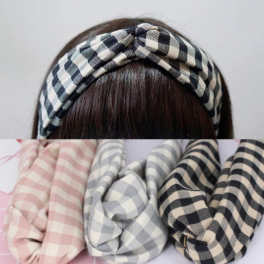 B262新品格子髮帶日韓潮流髮飾交叉著感頭飾日本梨花同款少女髮箍Plaid