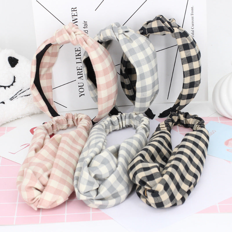 B262新品格子髮帶日韓潮流髮飾交叉著感頭飾日本梨花同款少女髮箍Plaid