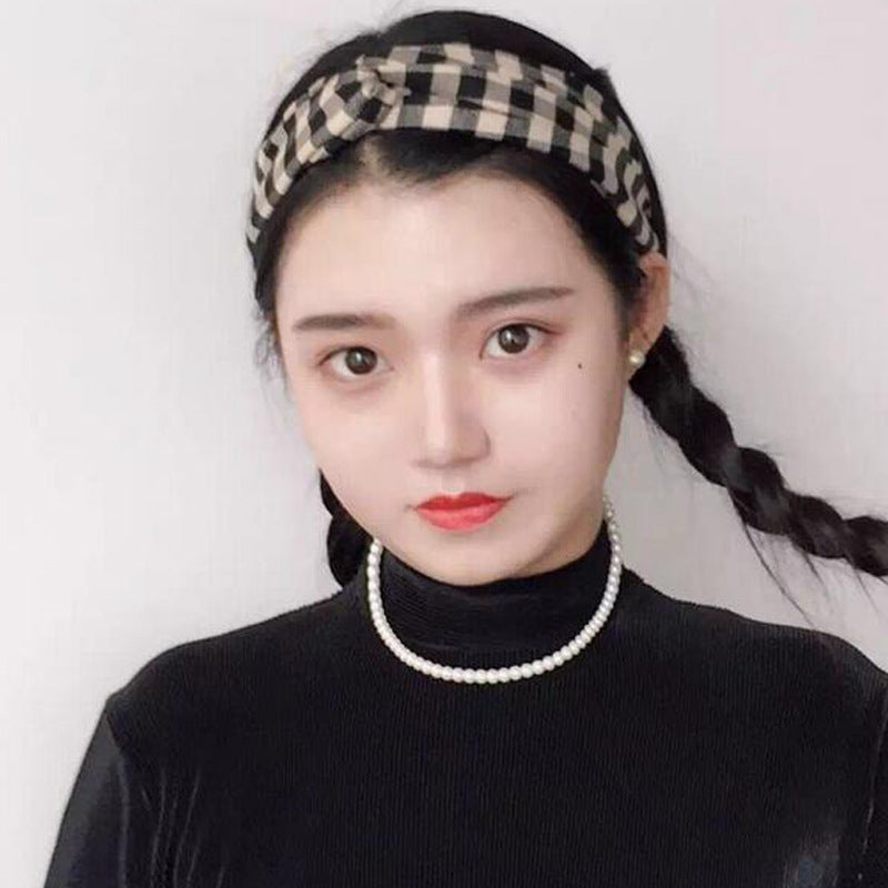 B262新品格子髮帶日韓潮流髮飾交叉著感頭飾日本梨花同款少女髮箍Plaid