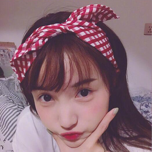 B343林小宅 紅色格子拷邊布藝髮帶 日系軟妹百搭兔耳朵蝴蝶結頭帶Plaid