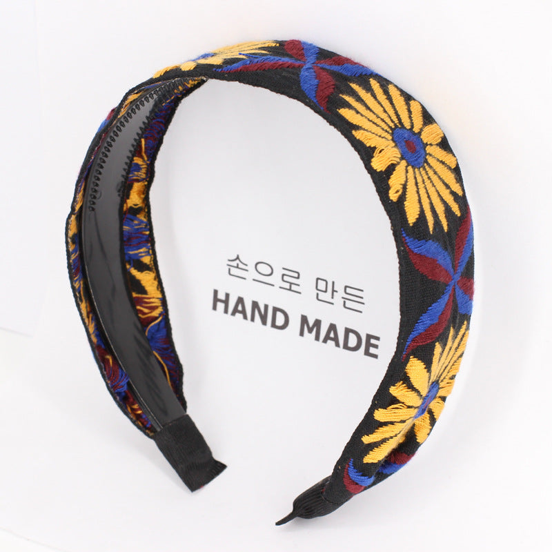B503韓國頭飾復古波西米亞圖騰刺繡民族風打結髮箍歐美彈力髮帶Ribbon