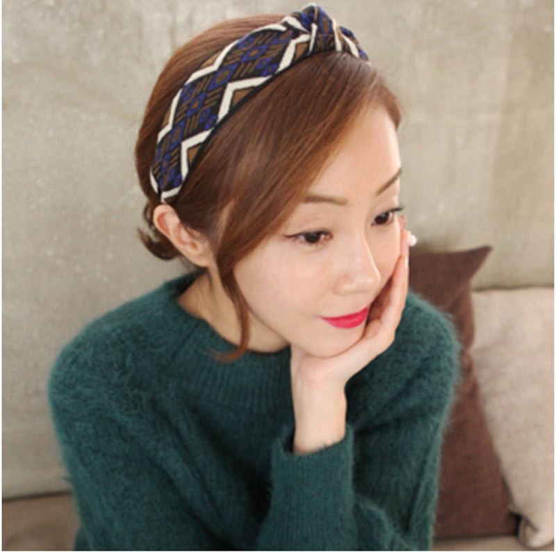 B462韓國南大門同款韓版熱銷飾品刺繡菱形打結髮箍簡約織帶髮帶Ribbon
