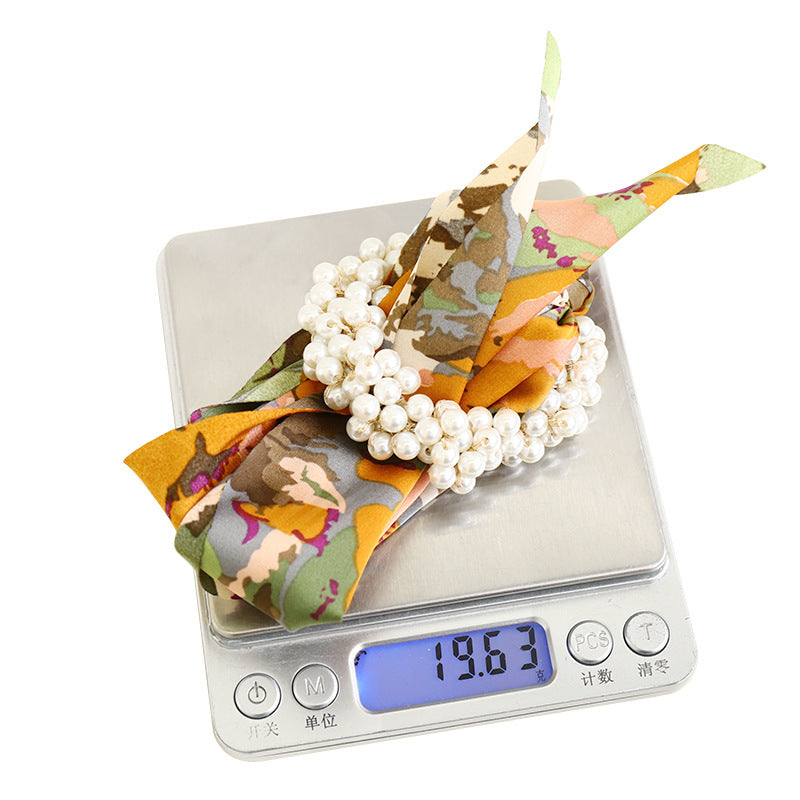 D615夏季日韩雪纺印花发圈时尚布艺大蝴蝶结头绳少女马尾珍珠发饰hr202105