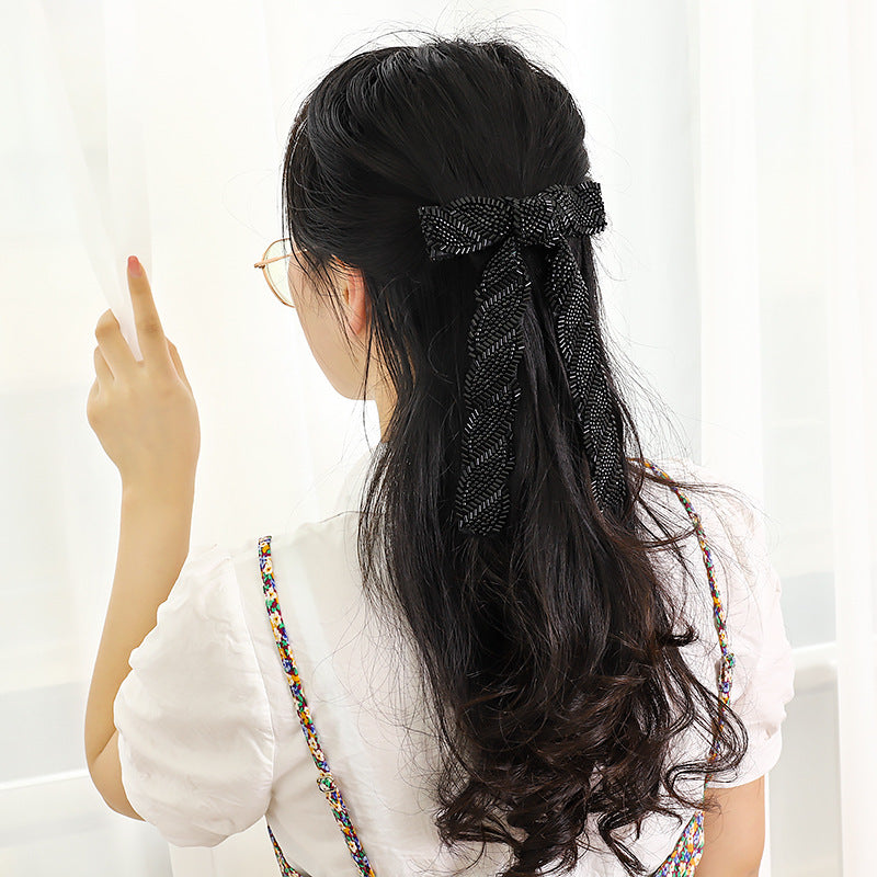 D6192021夏季新品发夹纯色串珠蝴蝶结头饰发卡甜美气质少女马尾夹-hp202105